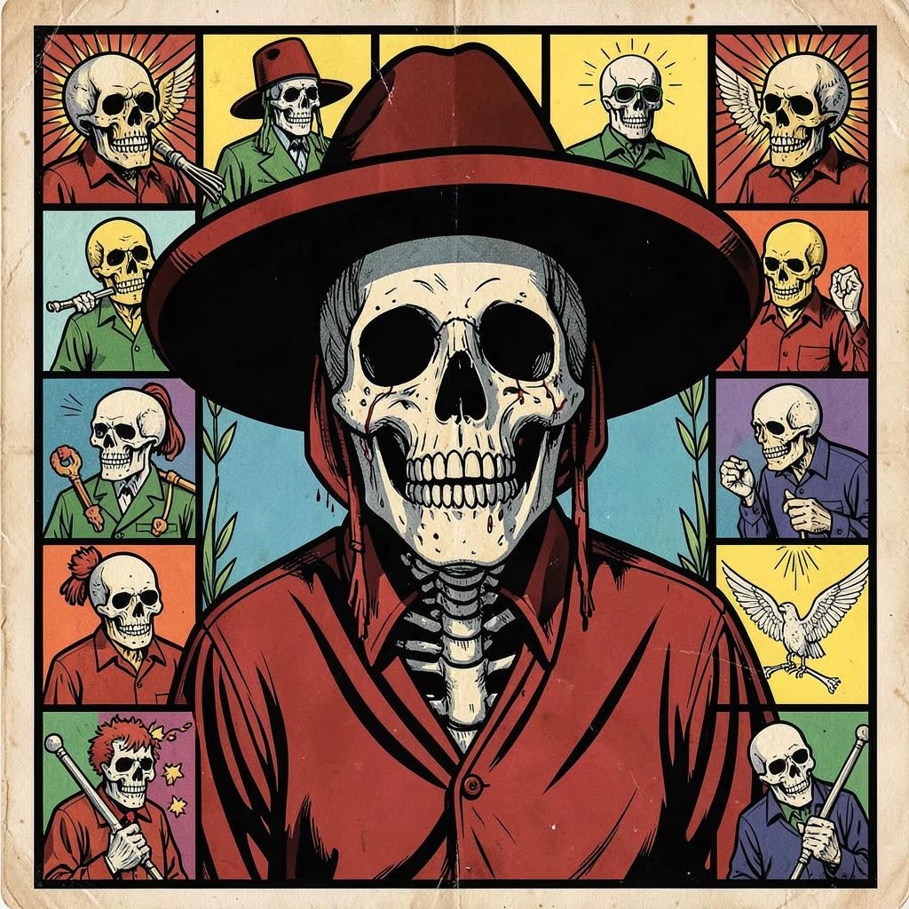 Mexican lotería card illustration, death as a skeleton wearing a wide-brimmed so