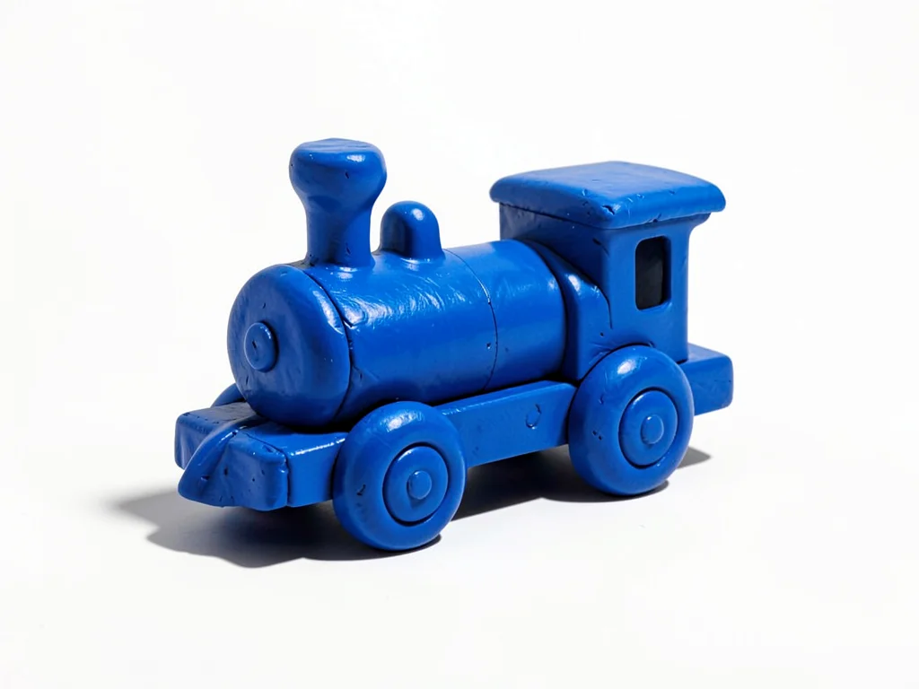 Toy-scale chunky clay locomotive in cobalt with stubby smokestack and oversized 