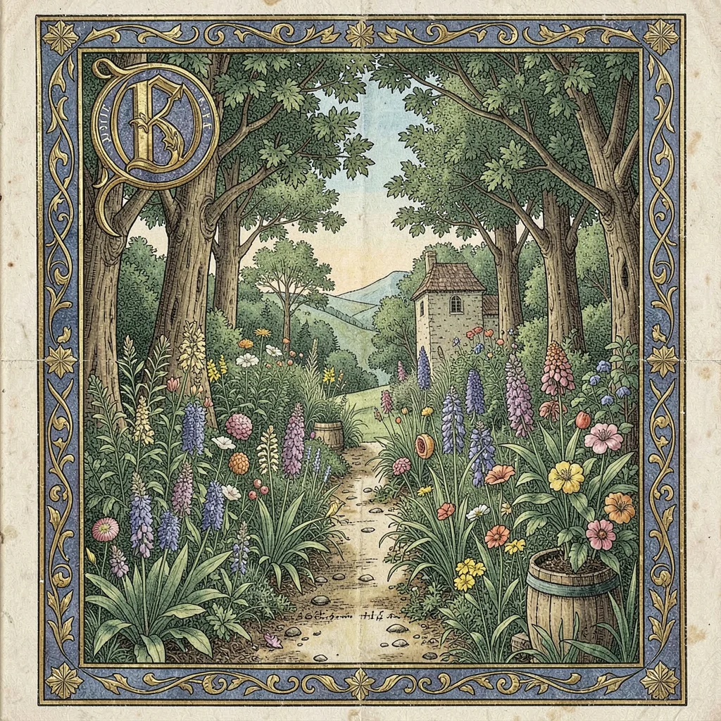 A medieval garden with herbs and flowers