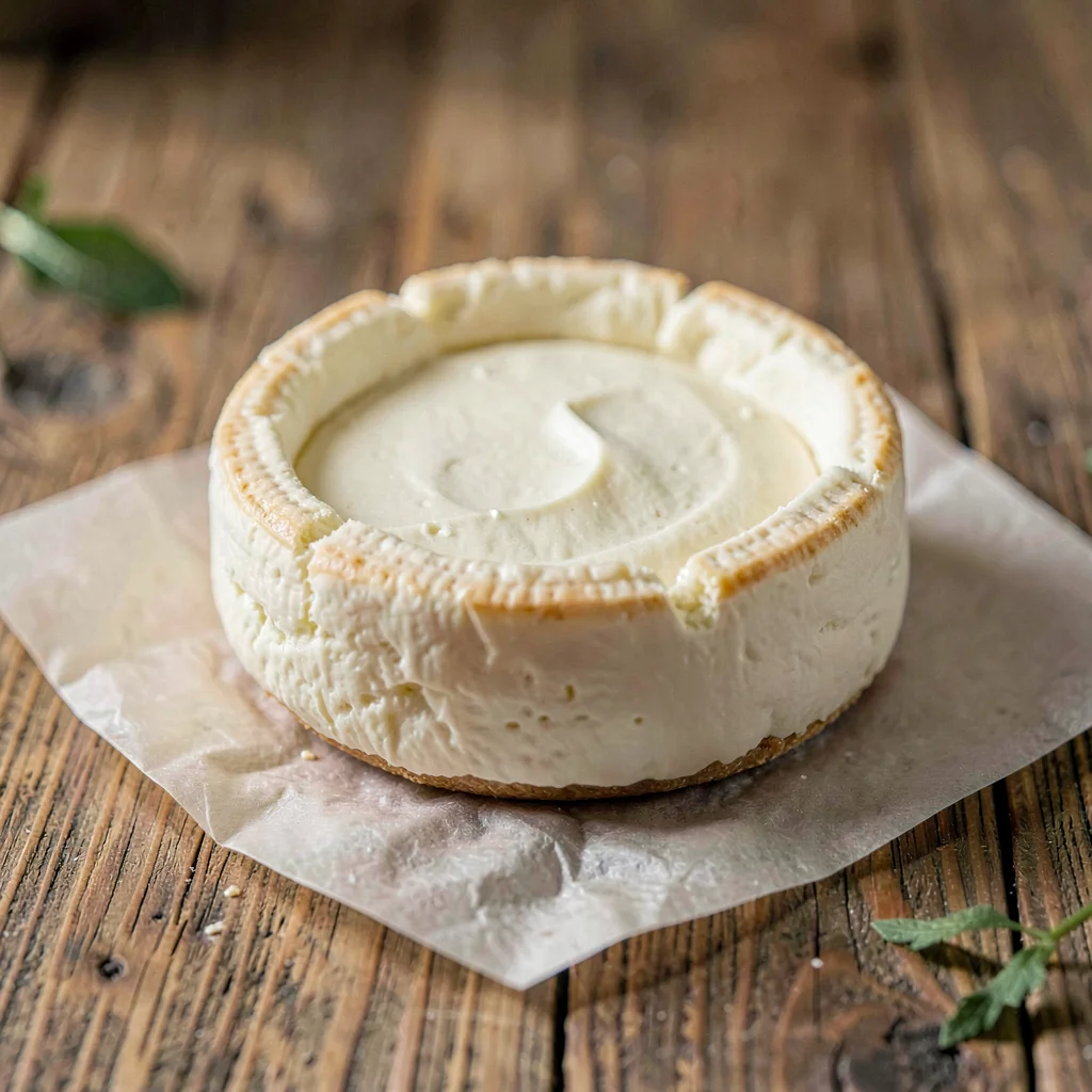 single round of small-batch Camembert with the rind freshly bloomed, sitting on 