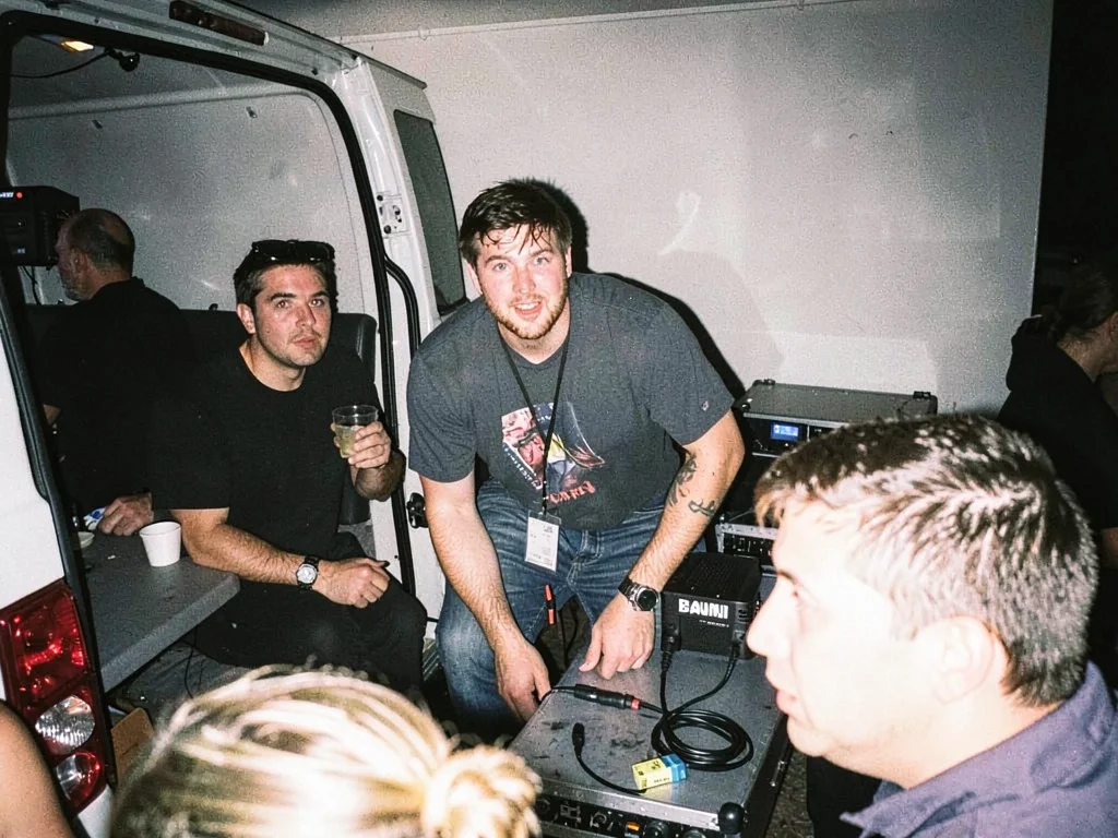Band loading gear into a van at 2am