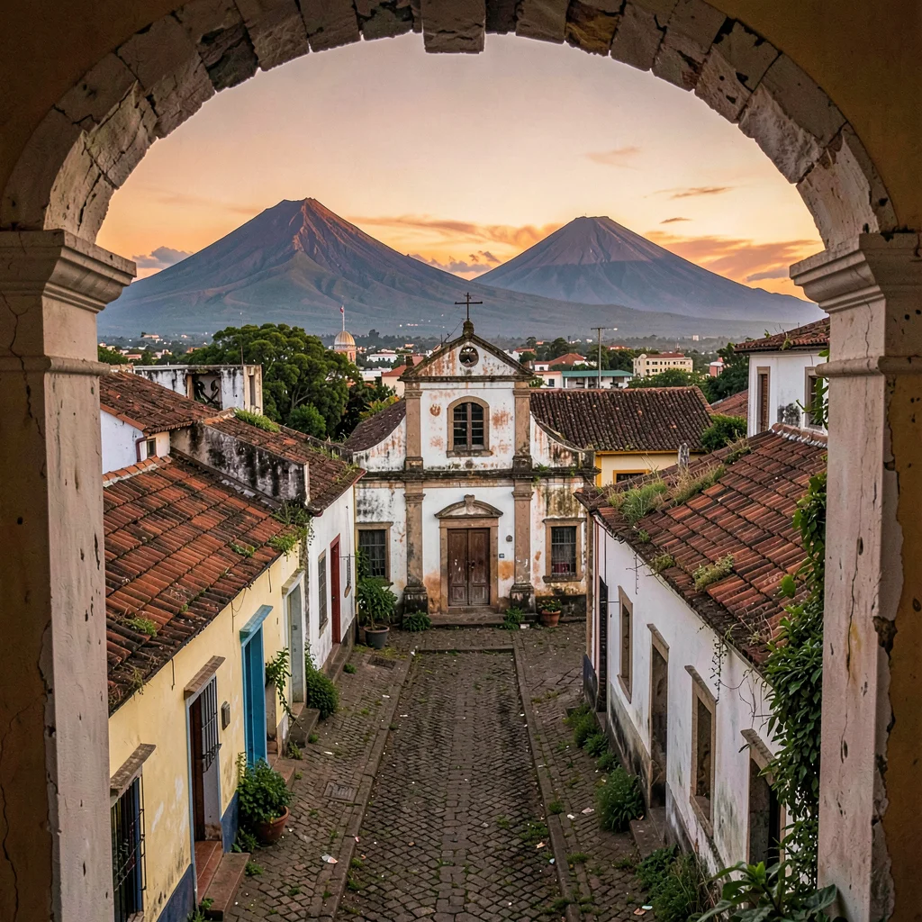 Volcano-framed colonial streets of Antigua Guatemala, Three volcanoes visible at