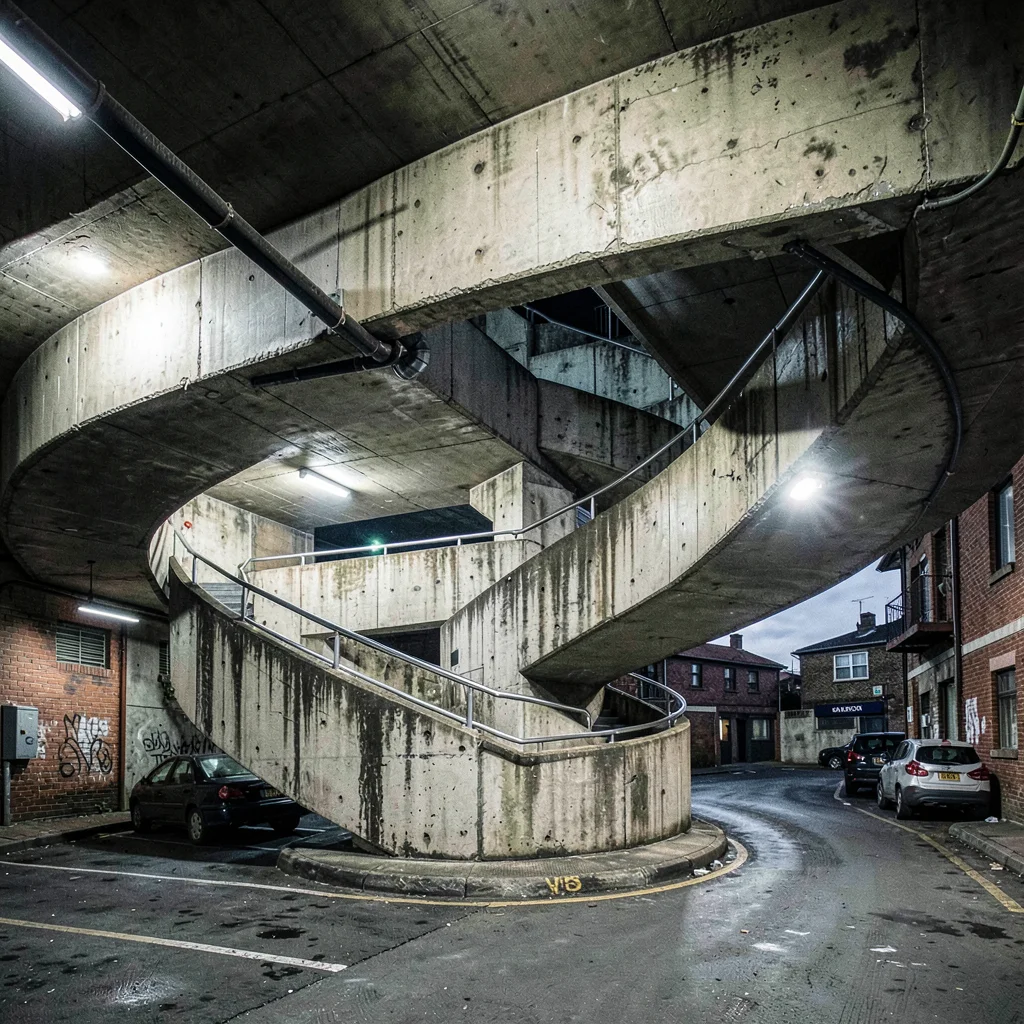 Post-industrial Johannesburg brutalism with harsh flash, Sandton City parking st