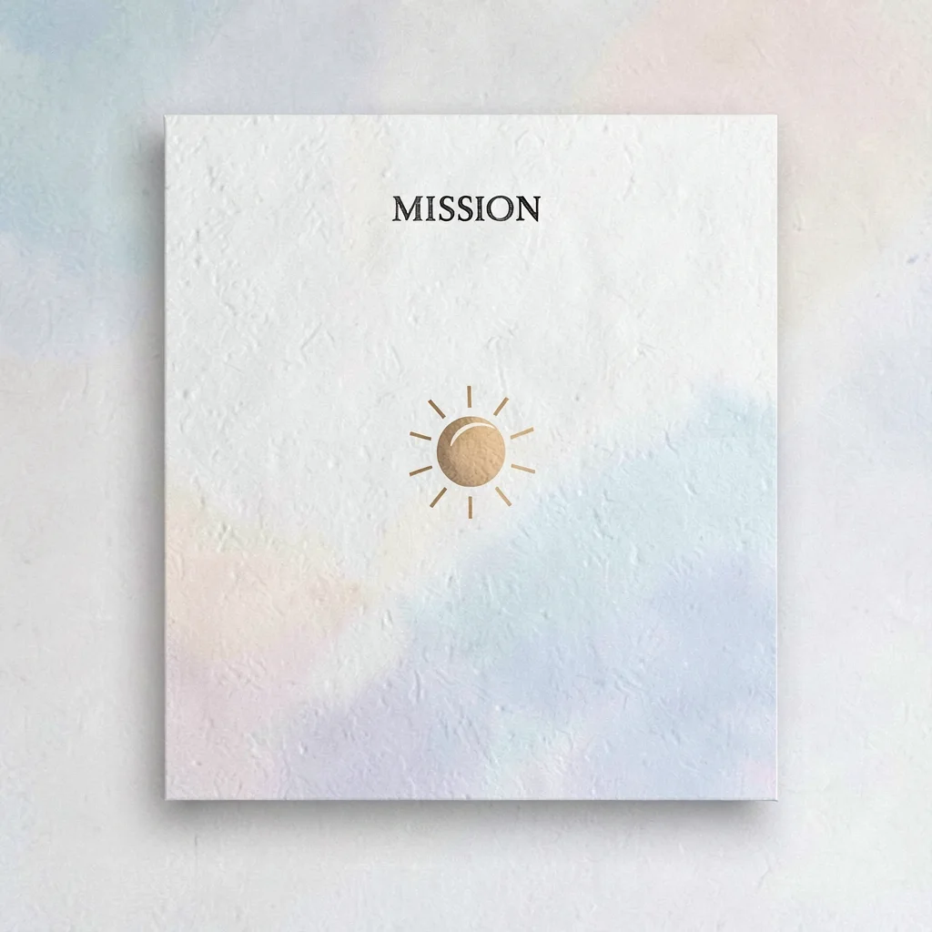 Mission card composition with a soft tonal gradient and a small abstract sun-mar
