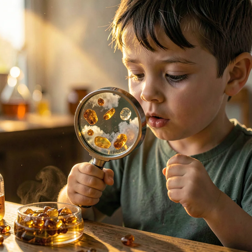 Baltic amber luminescence, backlit golden-brown, A child examining amber with a 