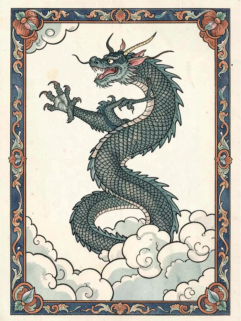 Dragon coiling through cloud forms, claws outstretched, ascending