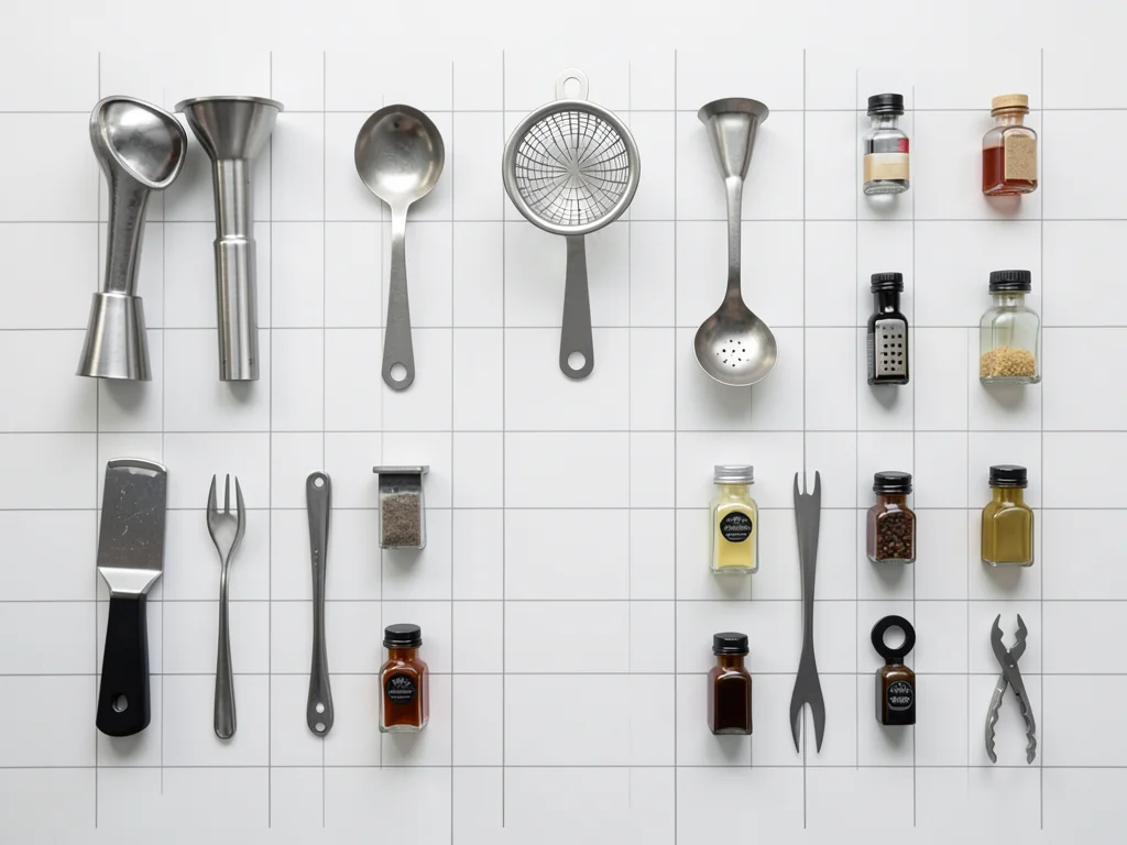 A bartender's station: jigger, strainer, muddler, bar spoon, peeler, bitters bot