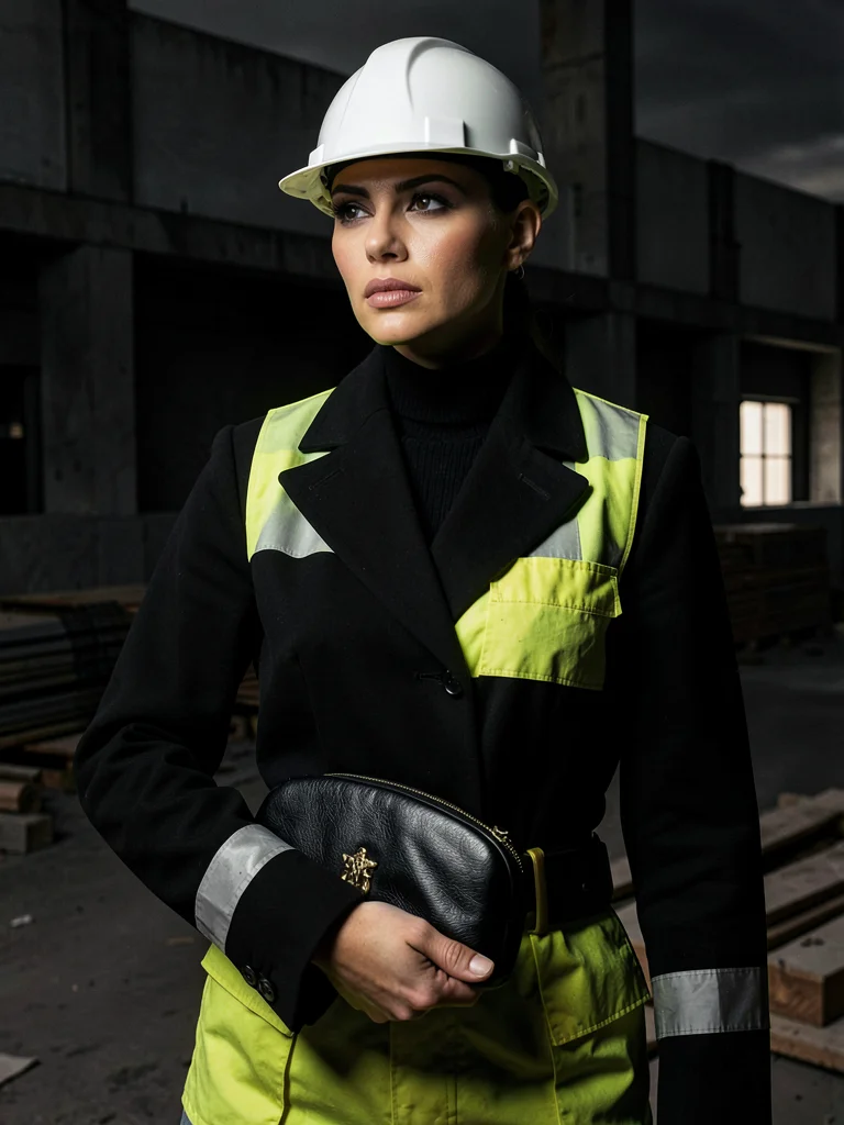 Hard hat held like clutch purse, dramatic arm pose, safety as fashion accessory