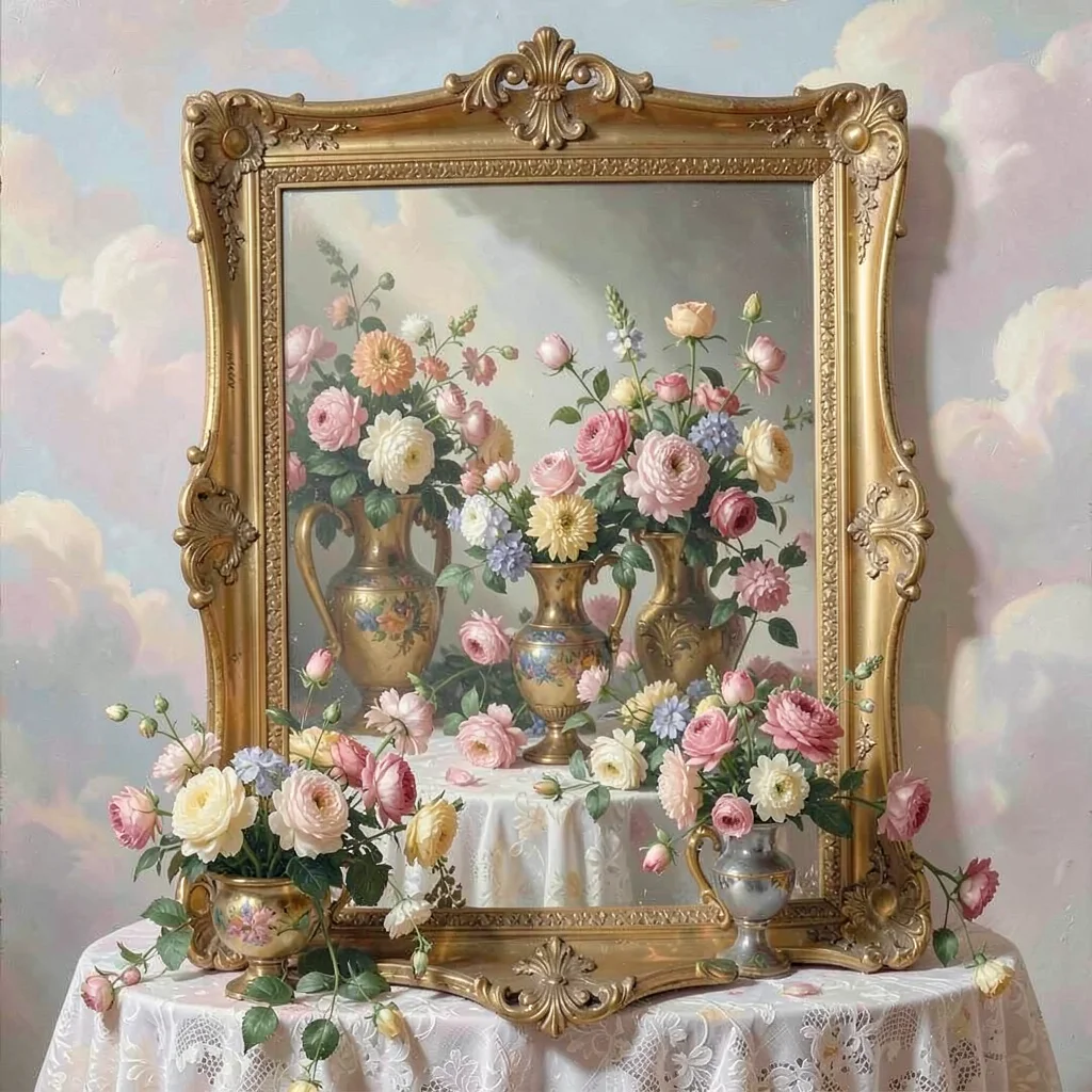 Gilded picture frame around a mirror, reflected in it: more flowers, more gold, 