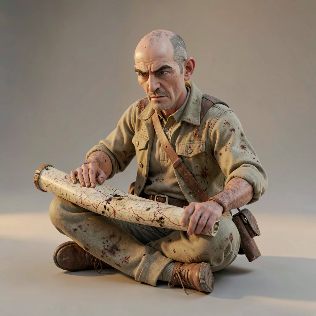 A cartographer sits cross-legged with the map-roll spread across the knees, ink-