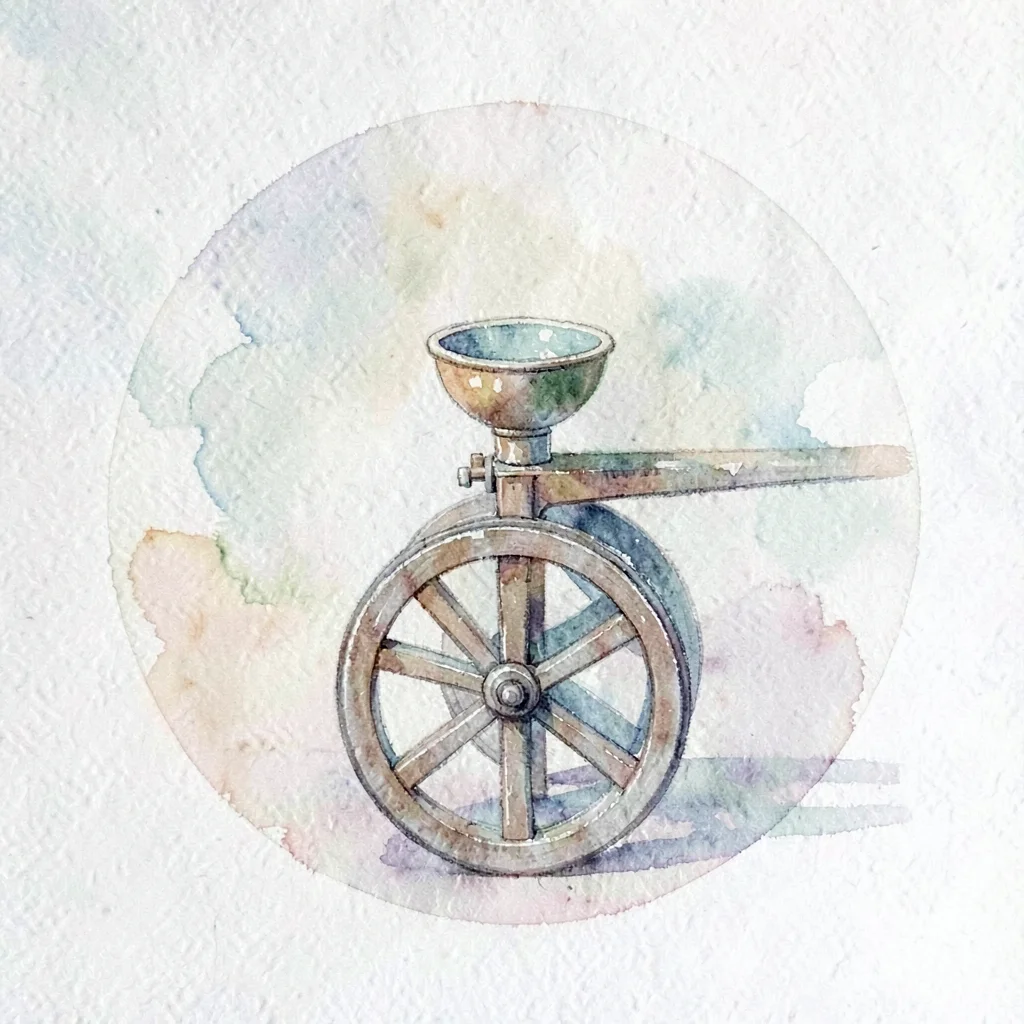 Gouache vignette of a wheel with a small bowl rising from it, soft hand-painted 