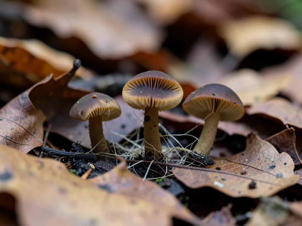 Forest floor close-up — fallen oak leaves with three small inky cap mushrooms em