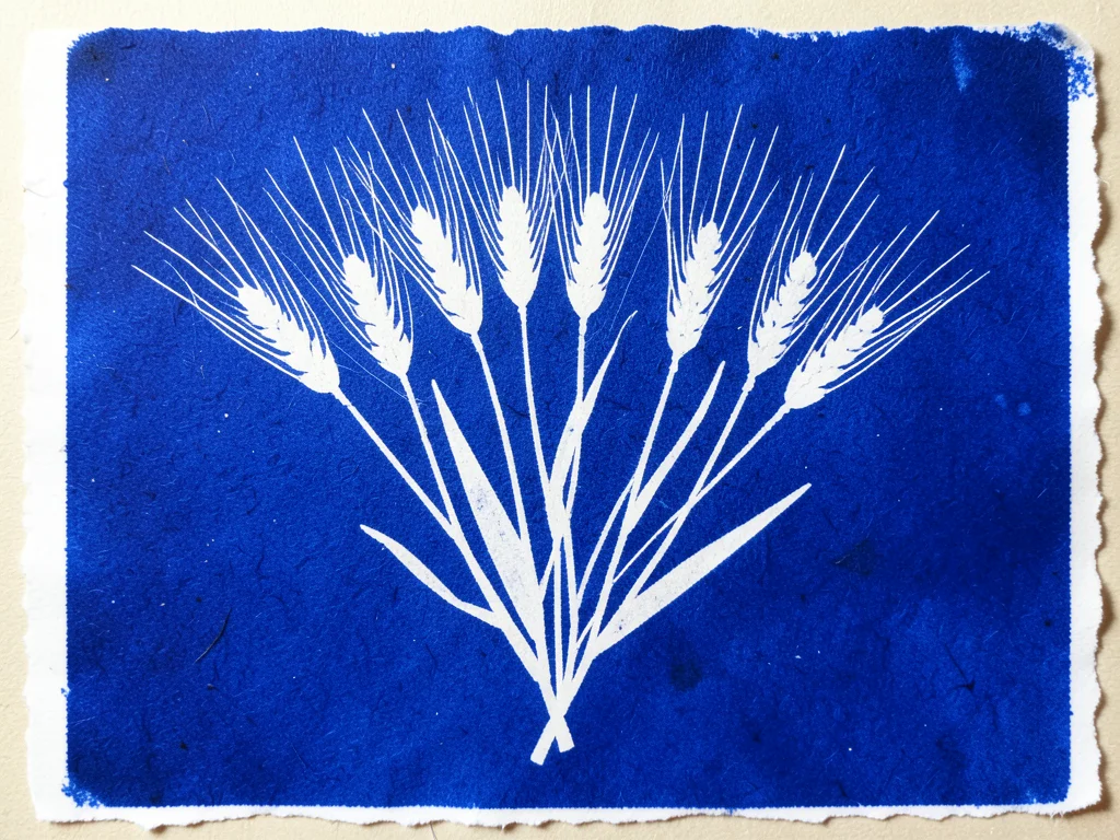 Wheat stalks arranged in a fan pattern on cyanotype paper, golden-harvest compos