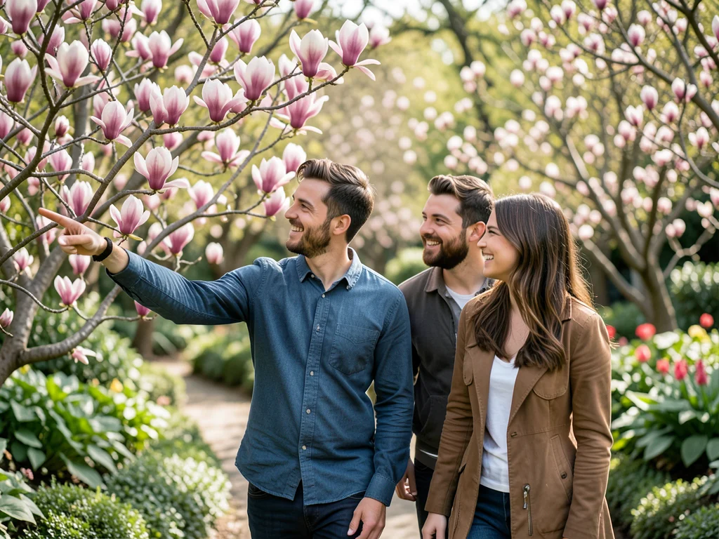 Two friends walking through a botanical garden, one pointing at a blooming magno