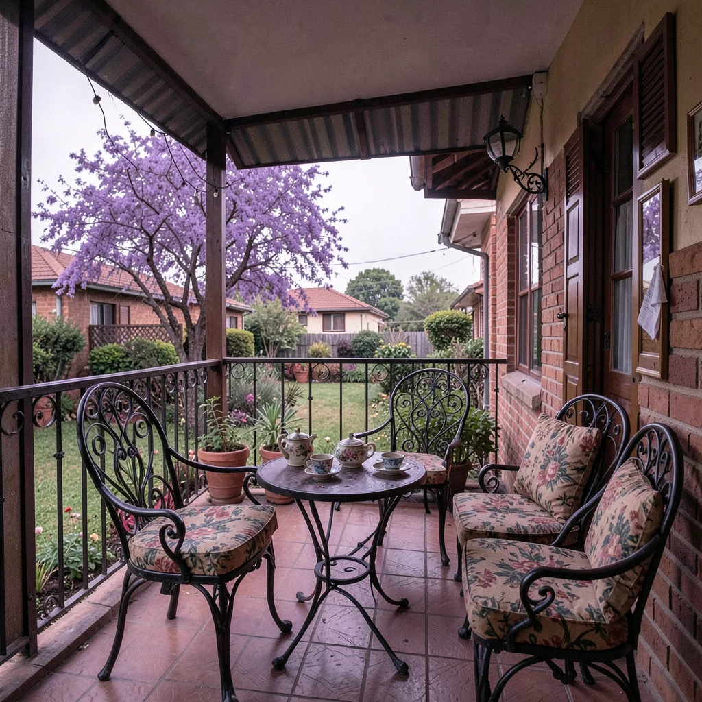 Jacaranda season purple light in suburban Harare, Zimbabwe, Mabelreign veranda t