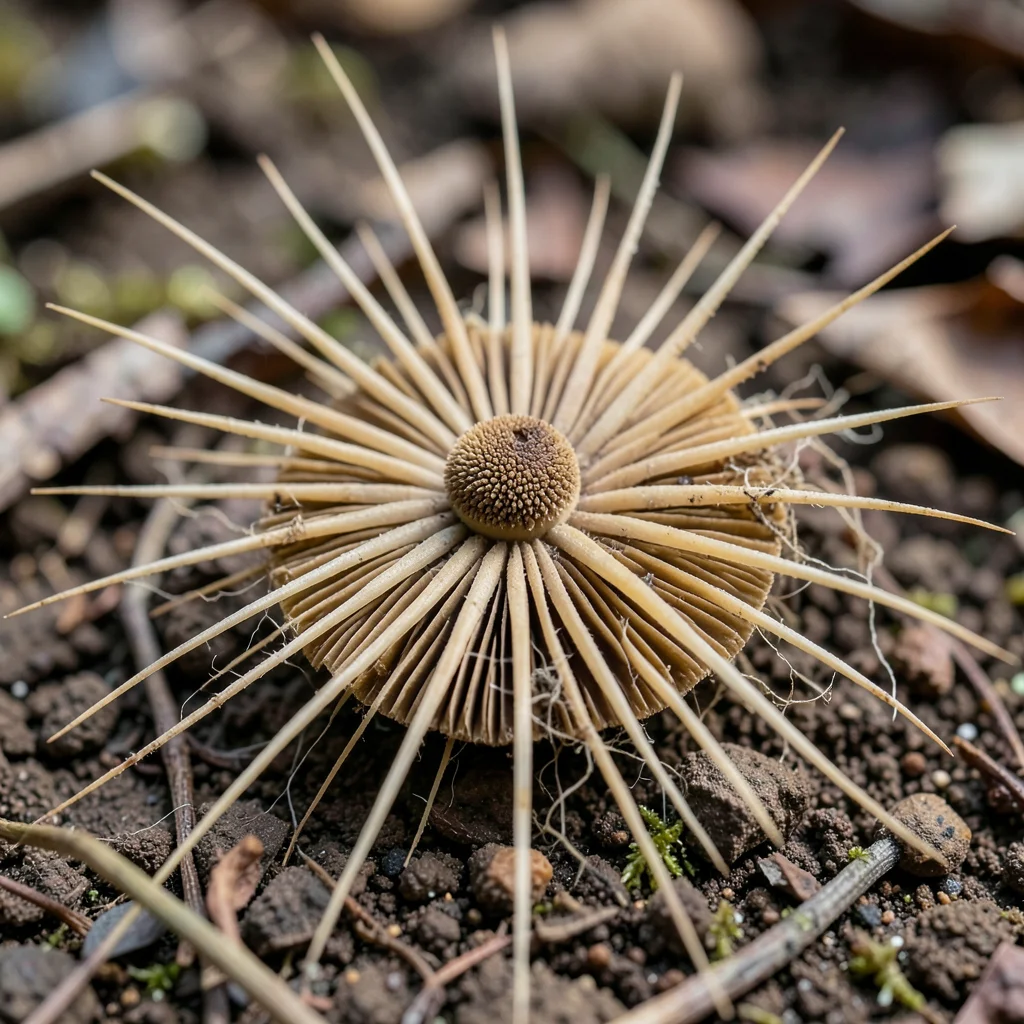 Earthstar fungus with rays fully extended around the central spore sac on bare s