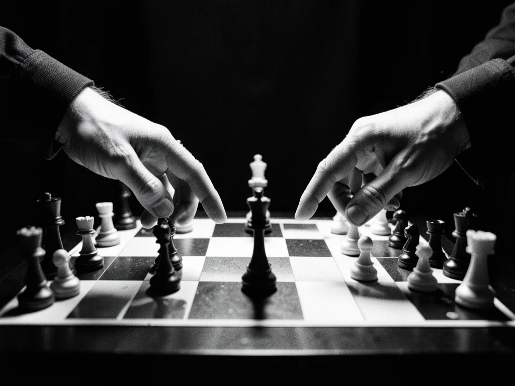 A chess match, two players' hands reaching for pieces simultaneously, the board 