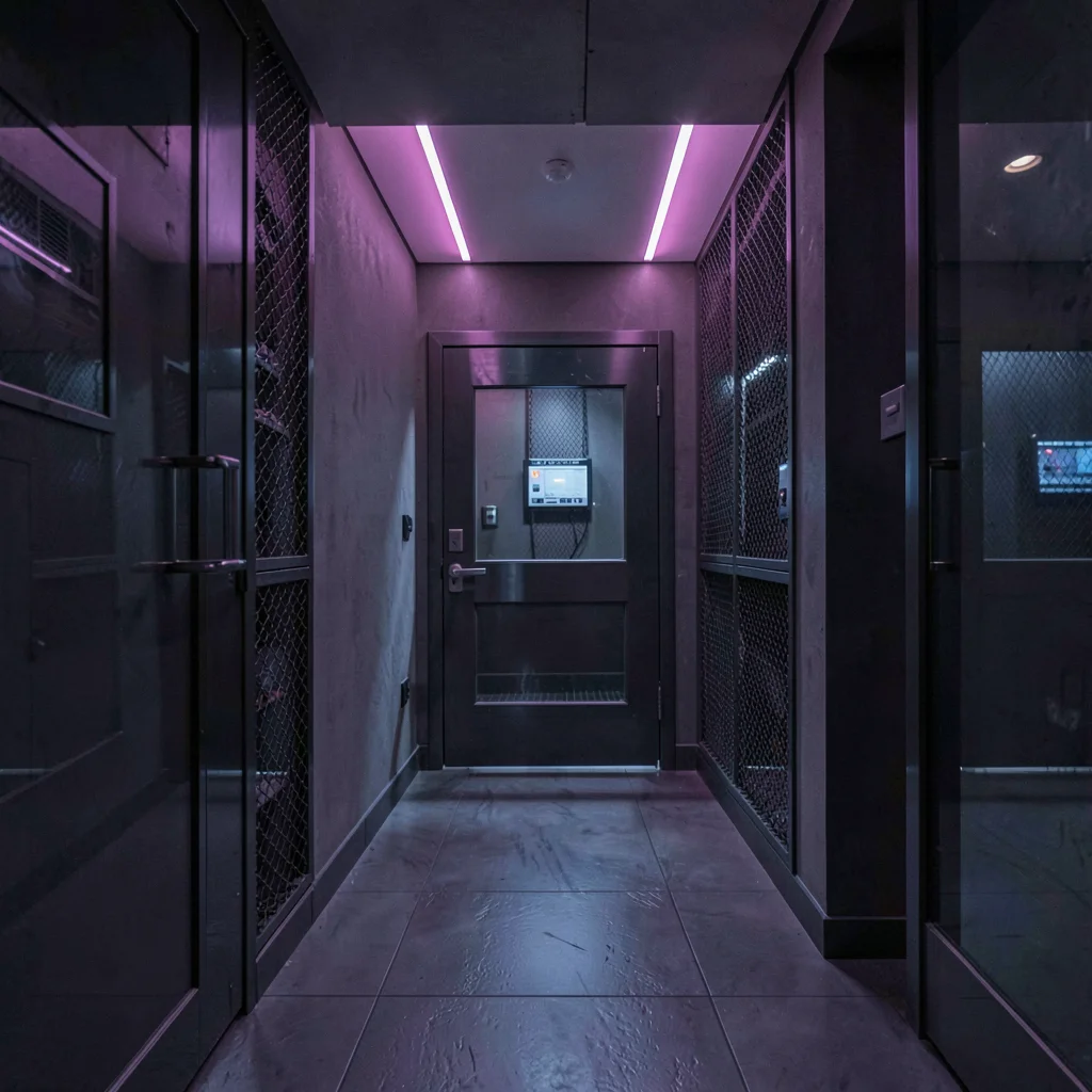 Vertical nocturnal photo of a corridor entry to the spin room with a single mage