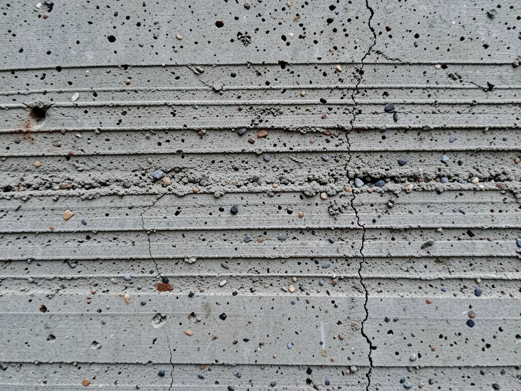 Board-formed concrete wall surface, horizontal wood grain impressions from plywo