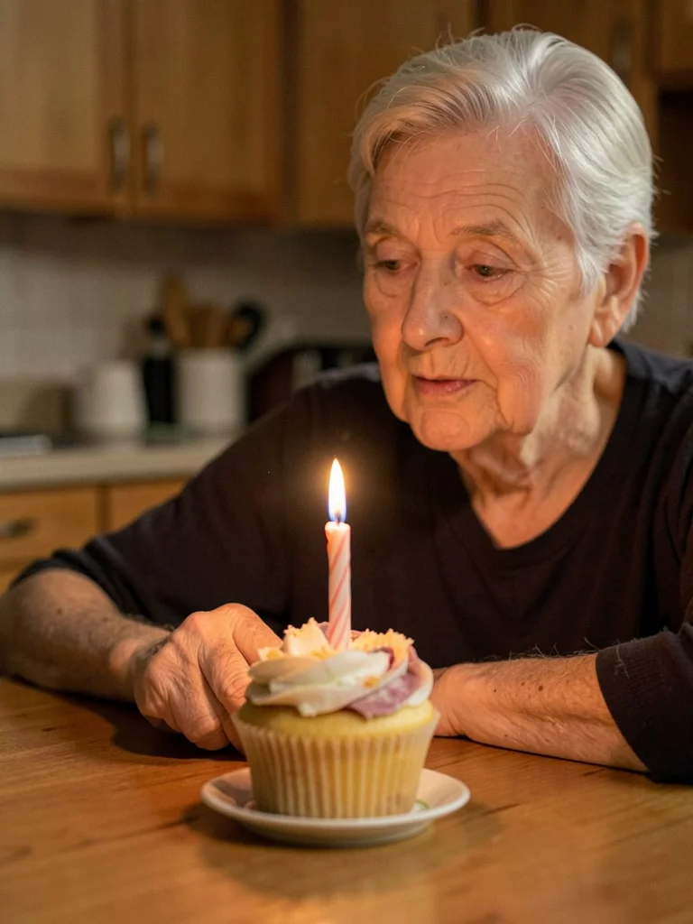 A single birthday candle on a cupcake illuminating the face of someone turning 8