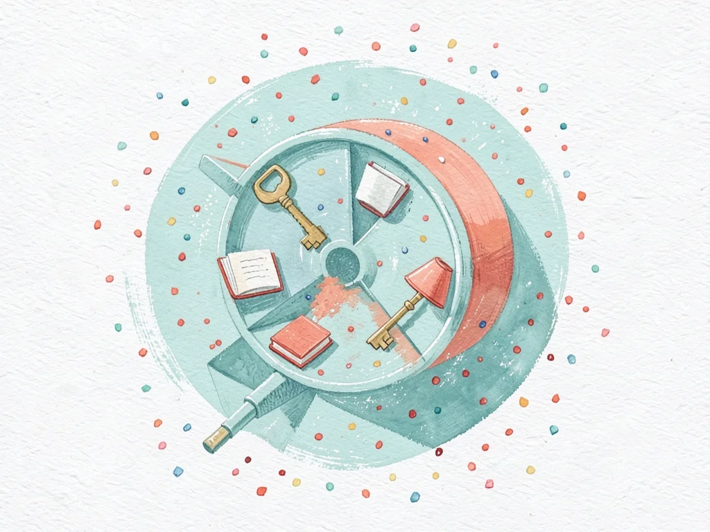 Painted illustration of a rotating wheel of small stylized objects (book, lamp, 