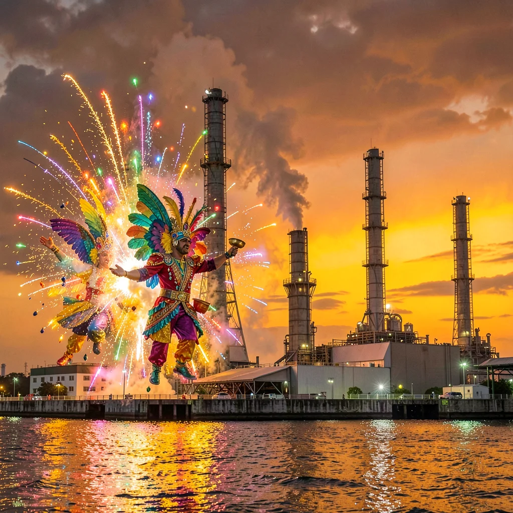 Carnival saturation explosion in Port of Spain, Trinidad, Oil refinery at Point 