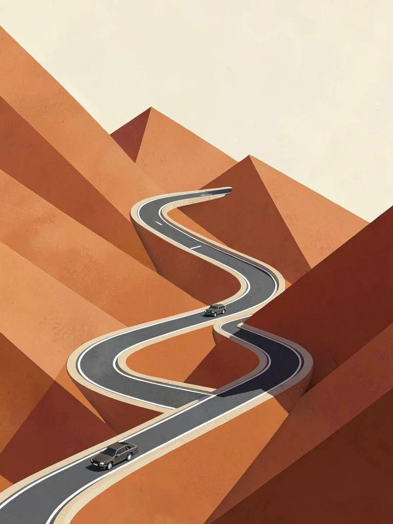 Switchback road carves a copper-red mountain slope in zig-zag bands under a crea