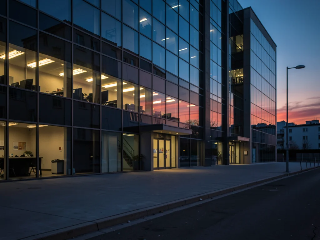 Office building with lights starting to flicker on, sunset reflected in glass fa