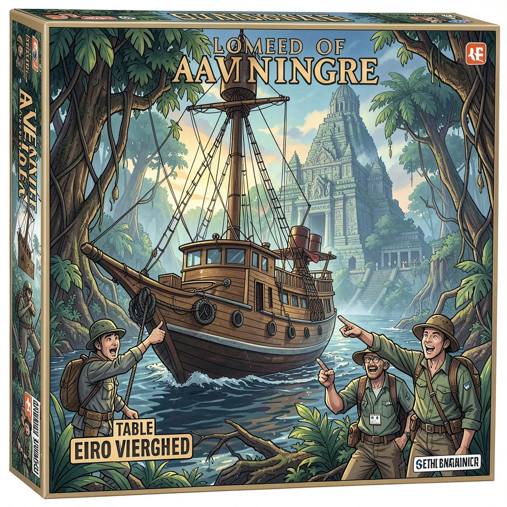 Board game box illustration, an expedition ship approaching mysterious jungle te