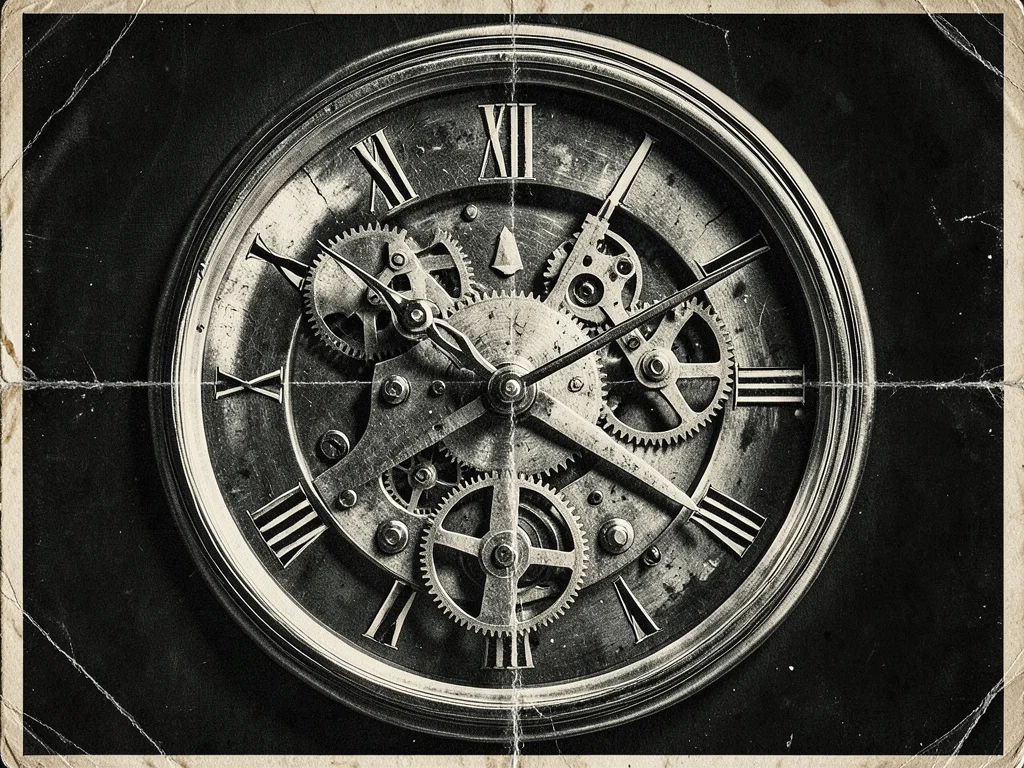 Analog clock mechanism through glass back, gears and balance wheel in motion