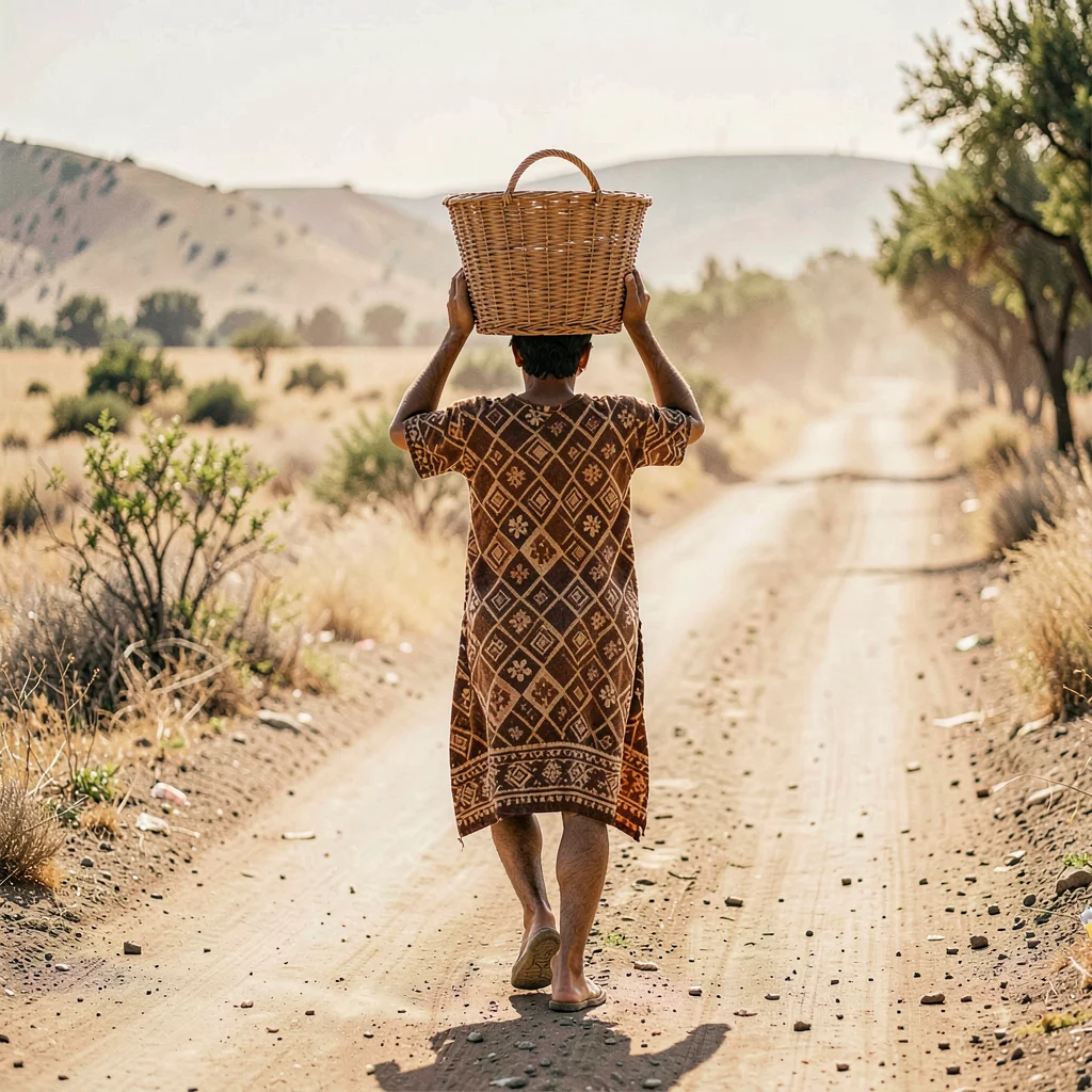 Warm tapa cloth browns and geometric pattern rhythm, A person carrying a woven b