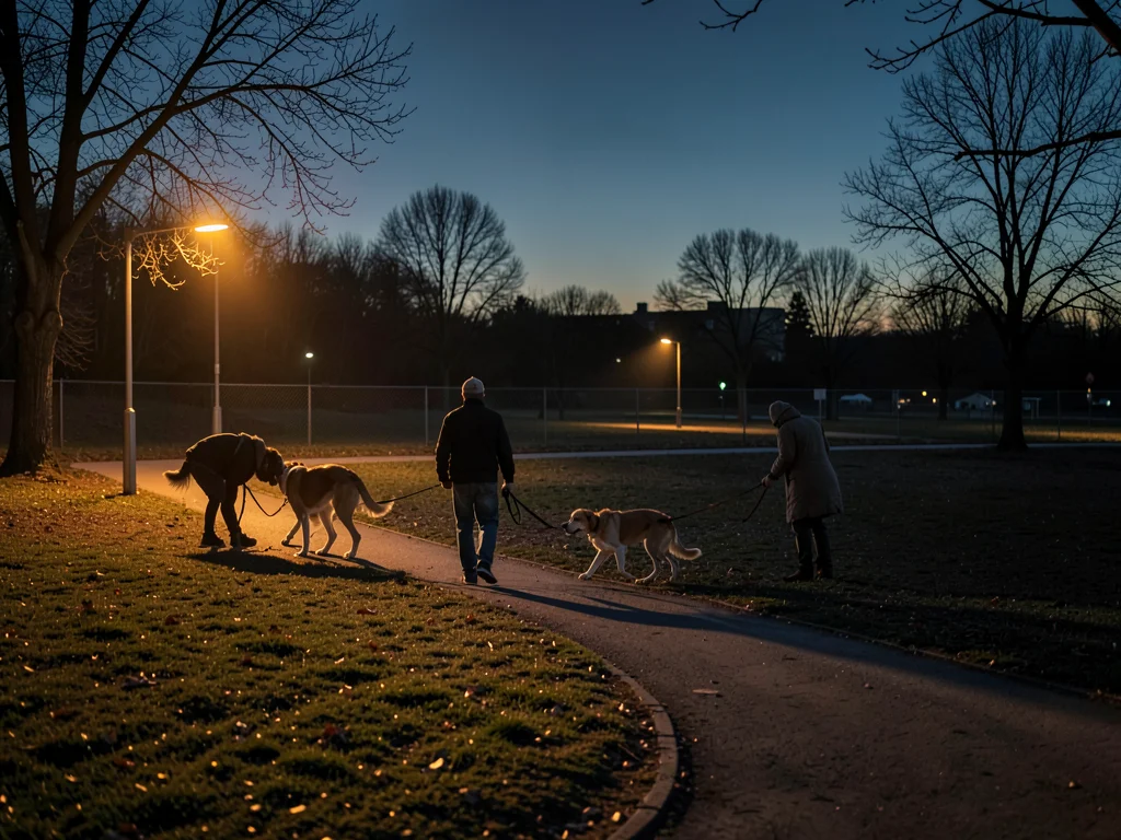 Dog park at closing time, owners reluctantly leashing up, golden light horizonta