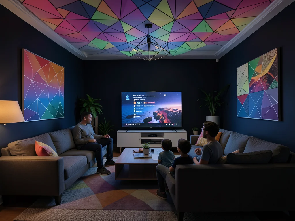 Living room with furniture arranged on walls and ceiling, family watching TV unb