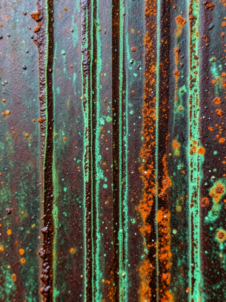 Architectural bronze rain streak patina, vertical green lines on dark brown from