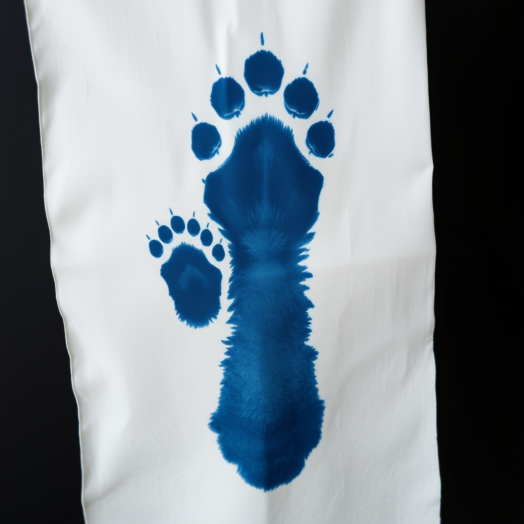 body-print cyanotype on fabric,. A body-print cyanotype on white cotton or paper showing two scales of cat paws side by 