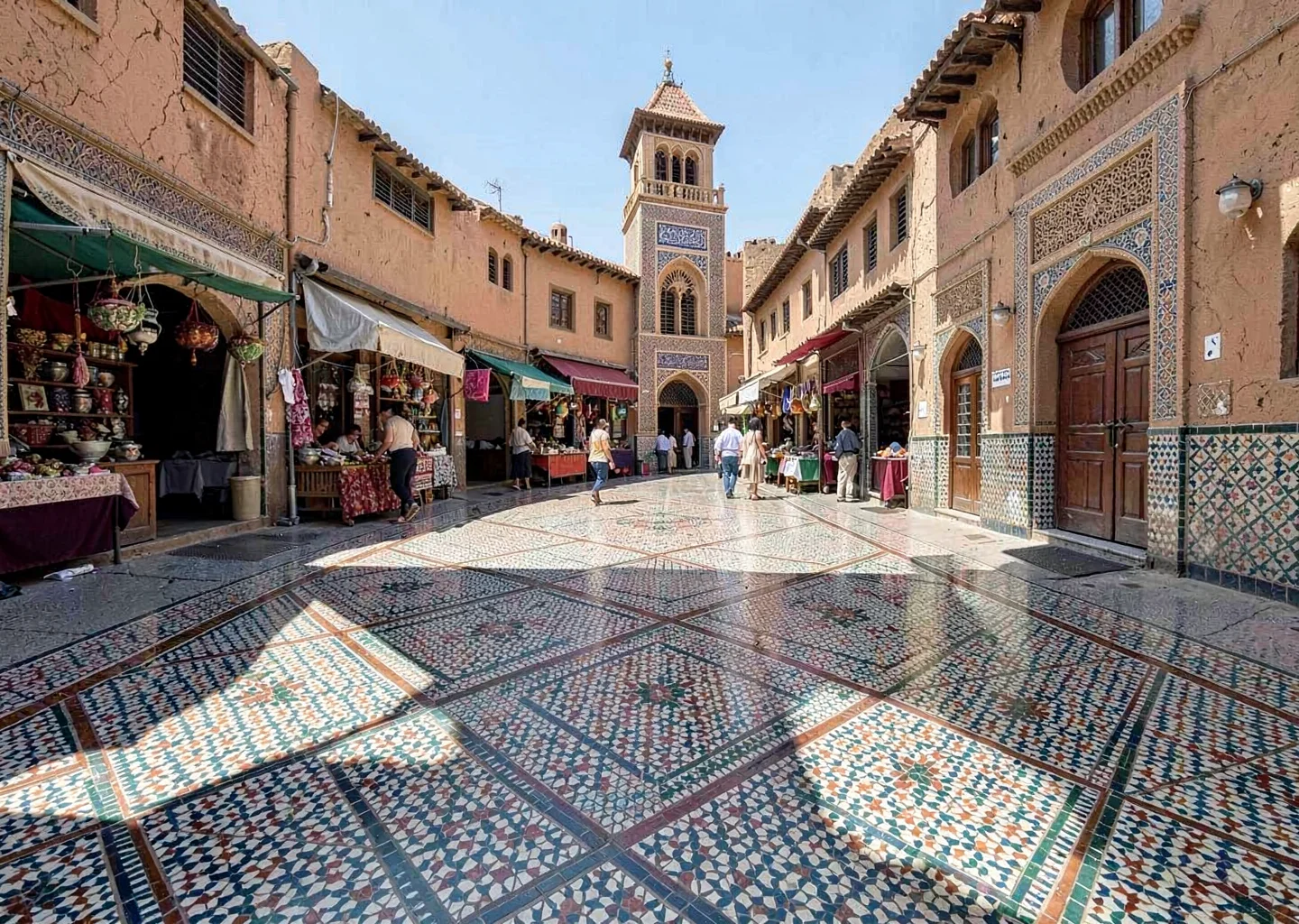 Geometric shadow play in Marrakech medina, minaret shadow cutting across geometr
