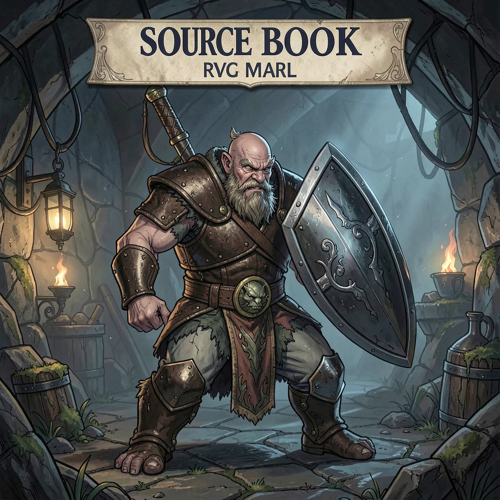 RPG sourcebook illustration, a dwarf warrior in a defensive stance, shield raise