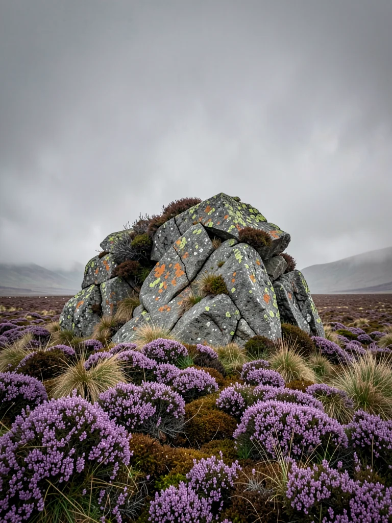 Lichen-Covered Granite Rising from Heather