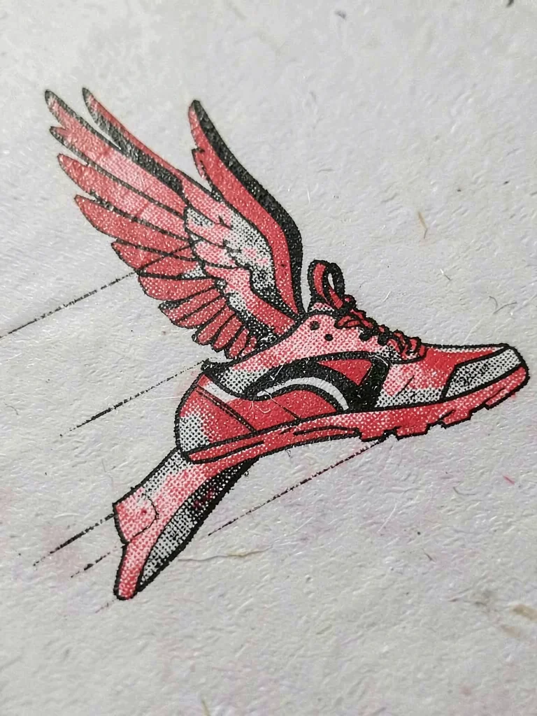 A winged shoe leaping upward in red and black halftone with bold motion lines an