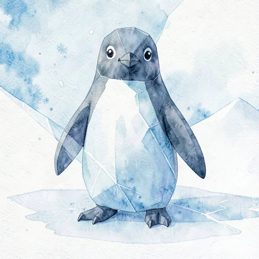 Quiet sapphire lowpoly penguin standing upright with flippers tight to body and 