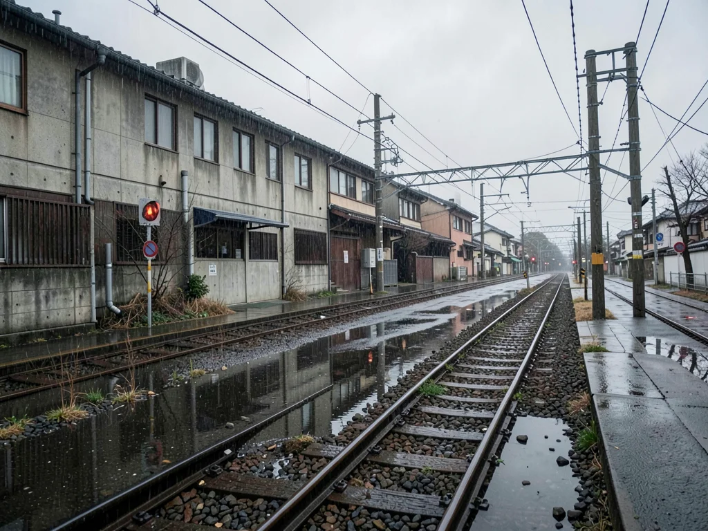 Train depot tracks rain