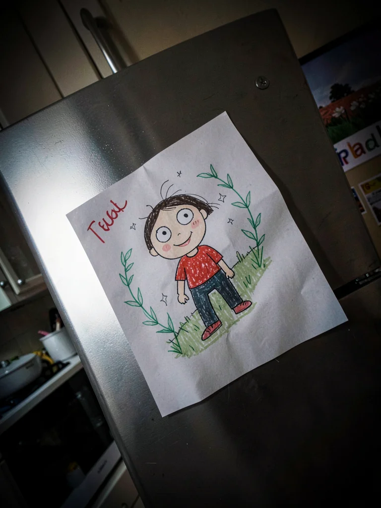 Child's drawing hung proudly on fridge, the perspective making cheerful into omi