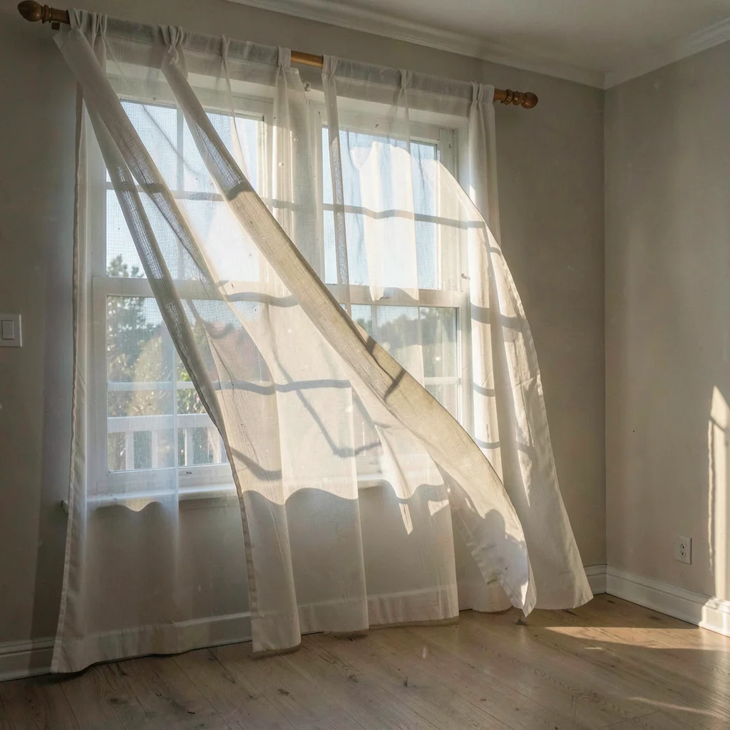 An empty room with sheer curtain billowing inward, afternoon light creating soft