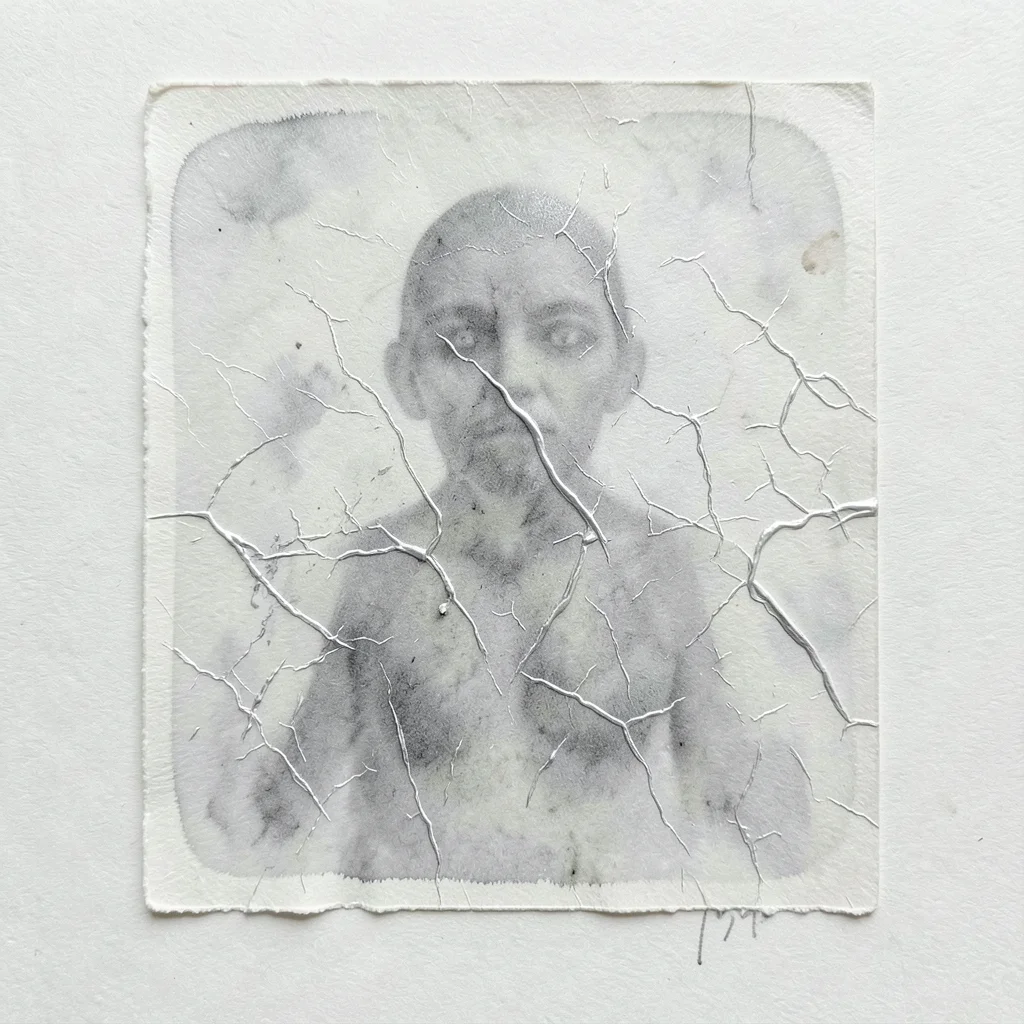 Ghost pull from a heavily textured monoprint plate, crumpled foil pressed into i