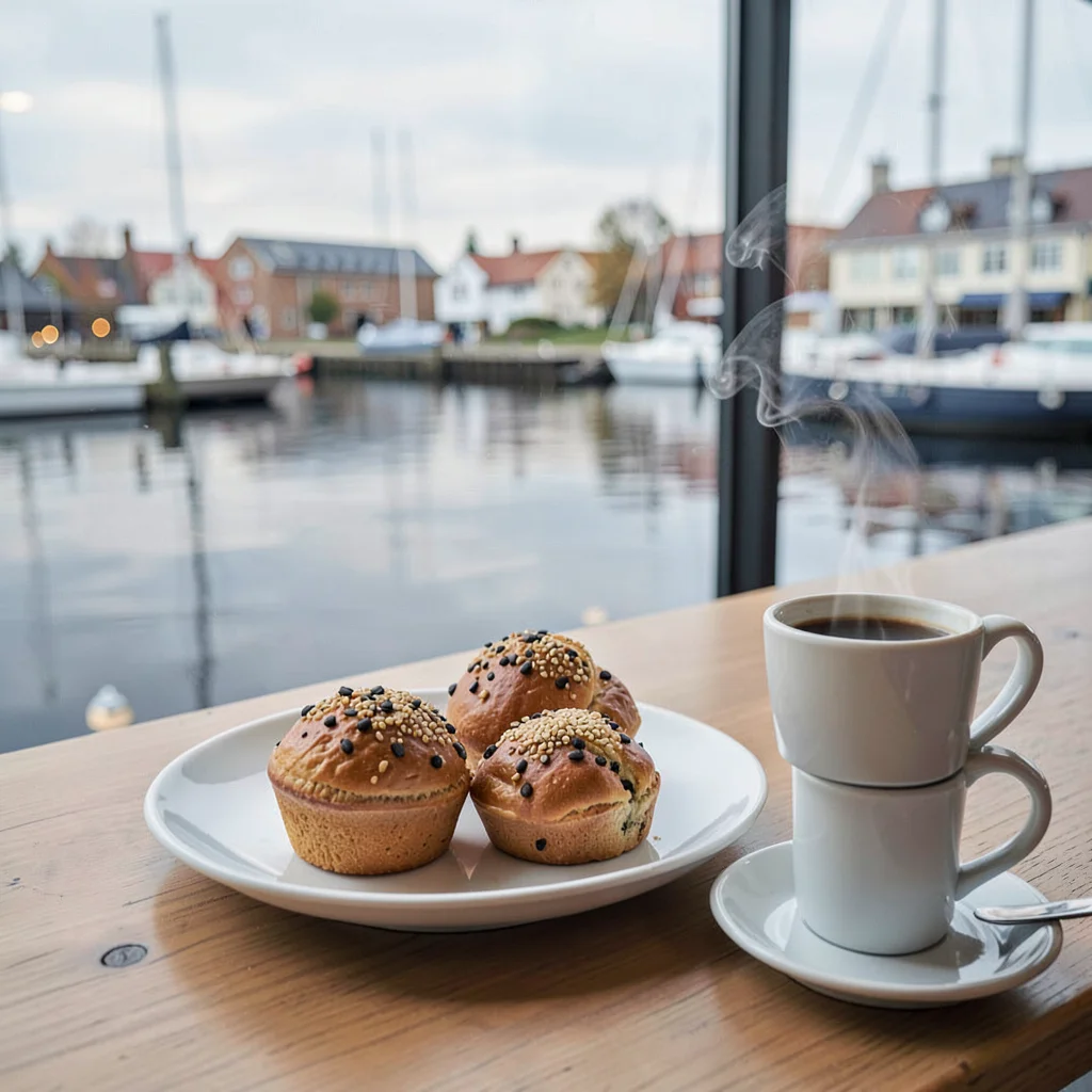 Comfortable grey harbor light in Gothenburg, Sweden, cardamom buns on a white ce