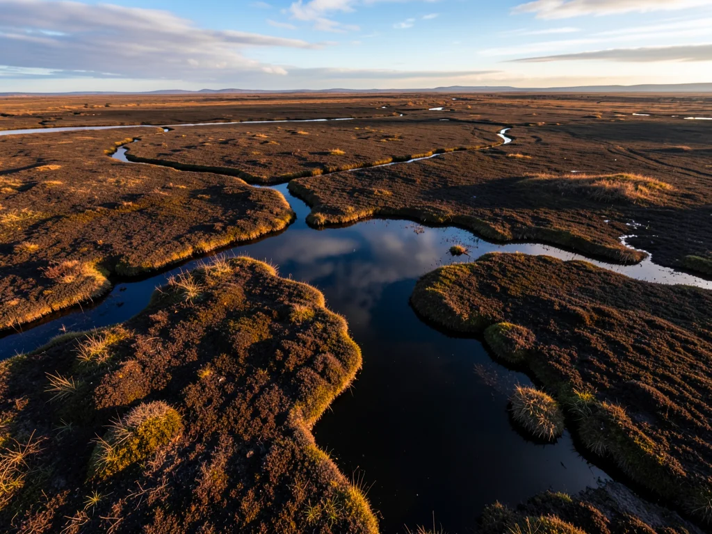 Blanket bog from above — vast flat dark surface with meandering drainage channel