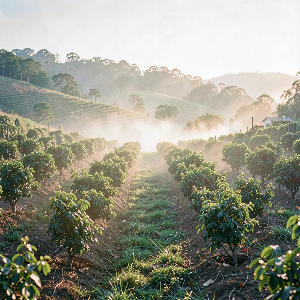 Wide shot of a hillside plantation at dawn with mist between the rows
