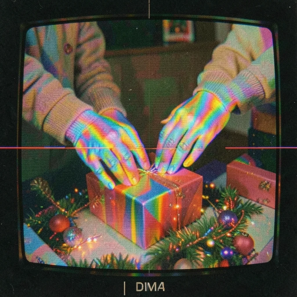 Someone opening a Christmas present, their hands distorted into rainbow prismati