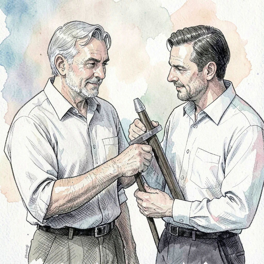 Pen-and-ink illustration of a coach demonstrating a hinge to a client, fine line