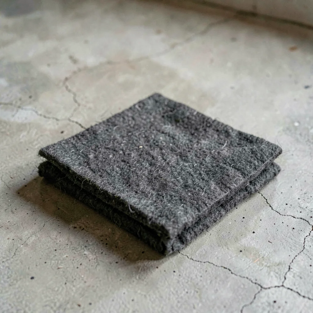 One folded square of charcoal wool felt arranged neatly on washed concrete, fibe